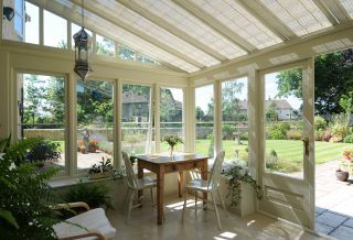 David Salisbury Lean-to with Appeal French Pinoleum Roof Blinds